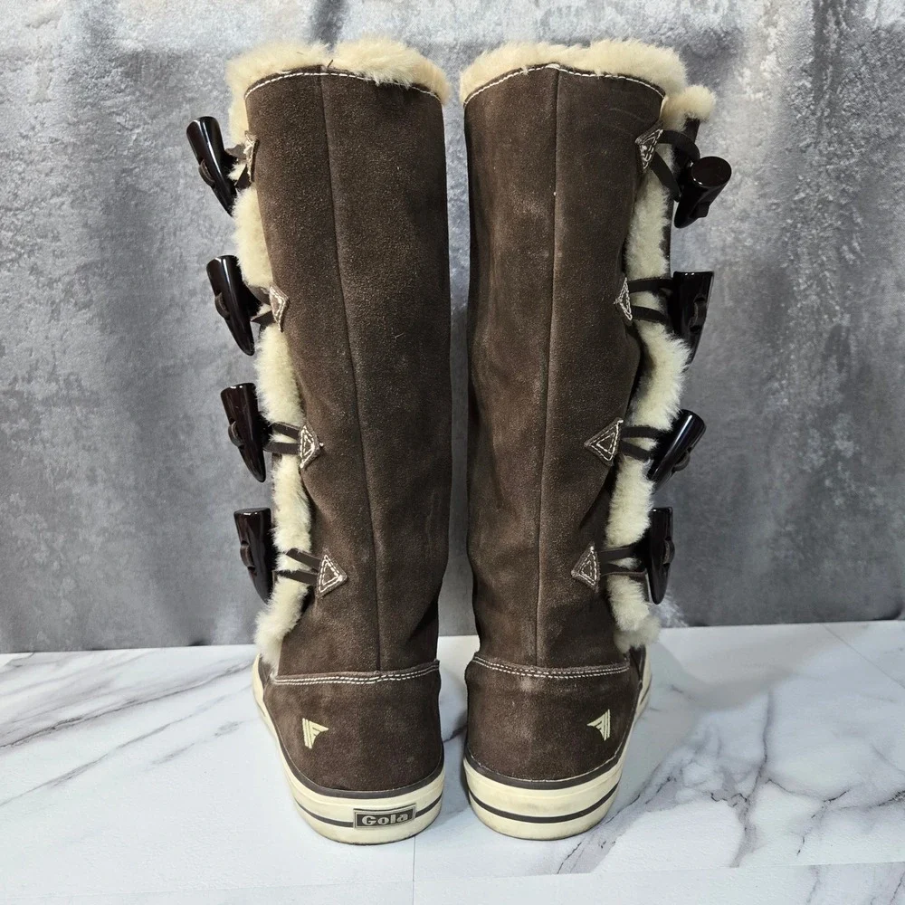 Gola Sidewalk Boots Women 10 Brown Suede Faux Fur Lined Toggle Mid Calf Y2K Snow
